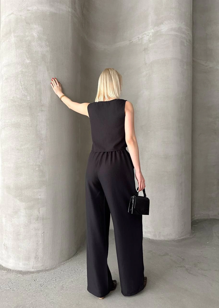 Pullaps Yelek Pantolon Keten İkili Takım Siyah