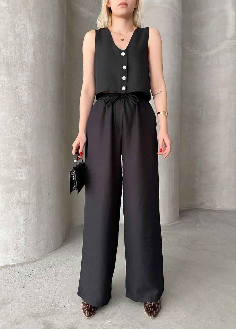 Pullaps Yelek Pantolon Keten İkili Takım Siyah