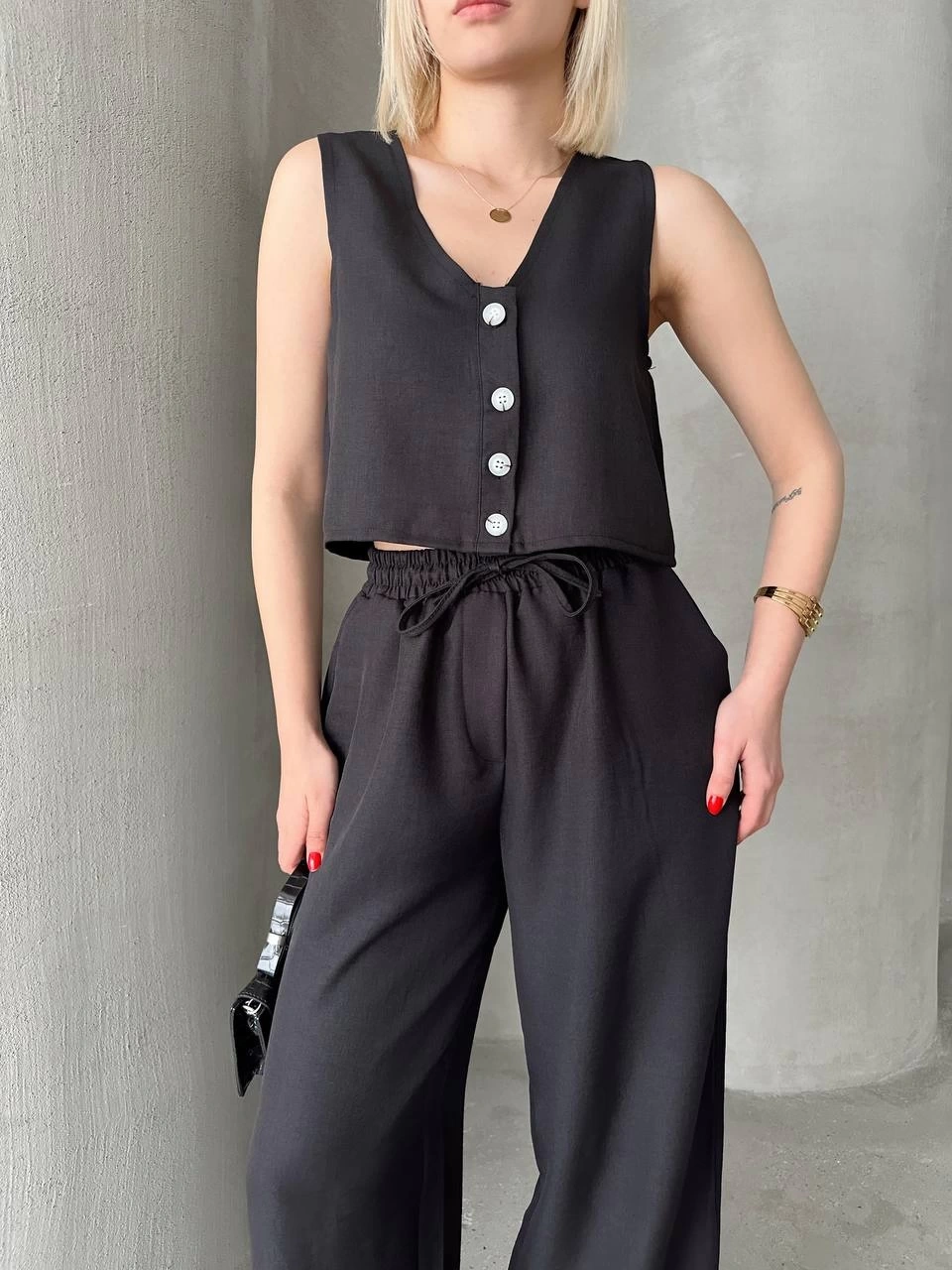 Pullaps Yelek Pantolon Keten İkili Takım Siyah