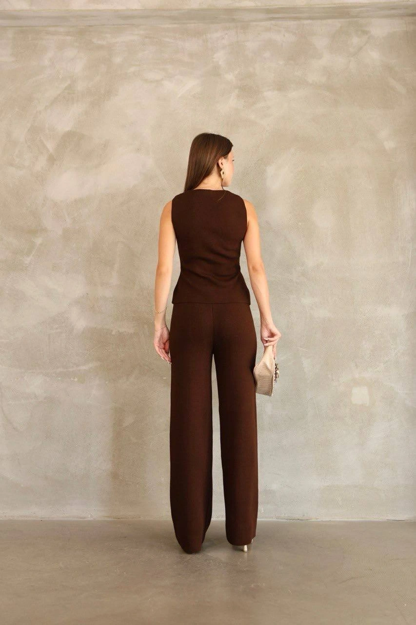 Pullaps Yelekli İki Düğmeli Triko Takım Kahve