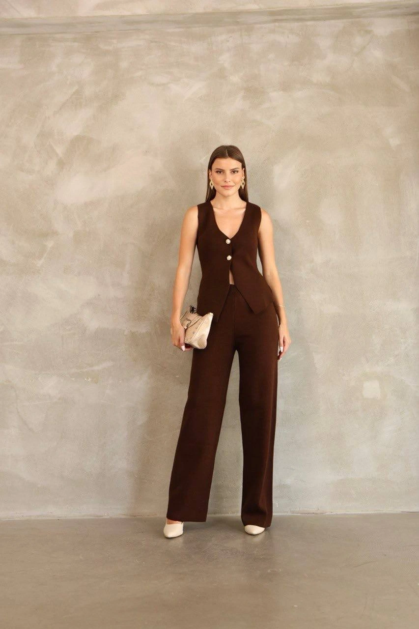 Pullaps Yelekli İki Düğmeli Triko Takım Kahve