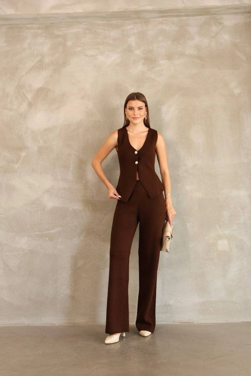 Pullaps Yelekli İki Düğmeli Triko Takım Kahve