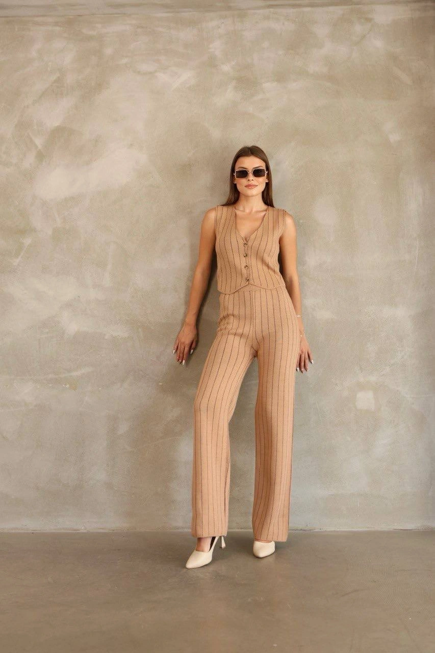 Pullaps Yelekli Çizgili Triko Takım Vizon