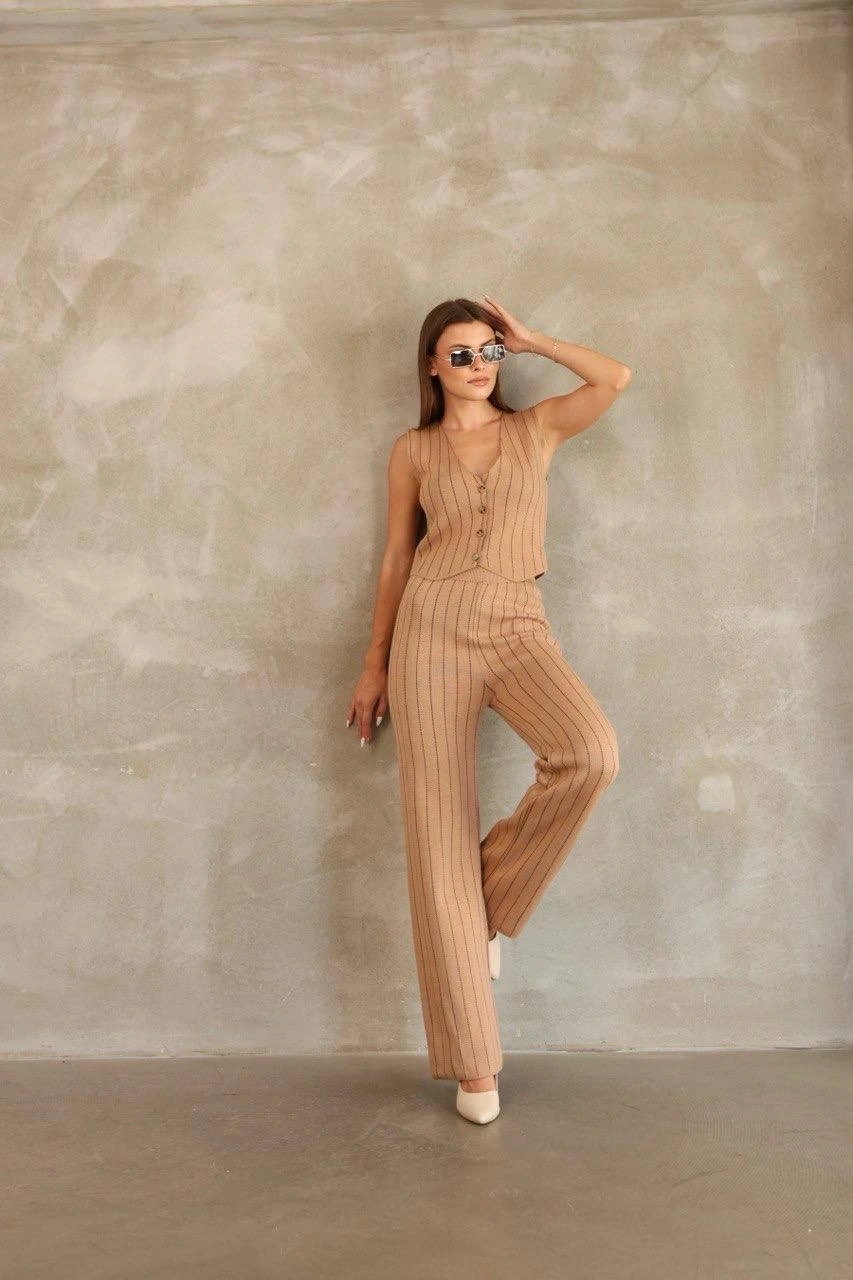 Pullaps Yelekli Çizgili Triko Takım Vizon