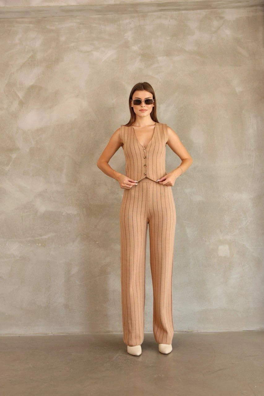 Pullaps Yelekli Çizgili Triko Takım Vizon