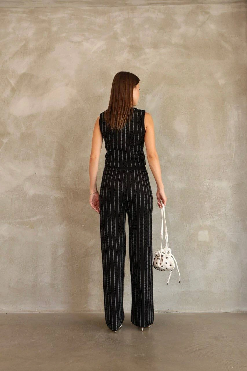 Pullaps Yelekli Çizgili Triko Takım Siyah