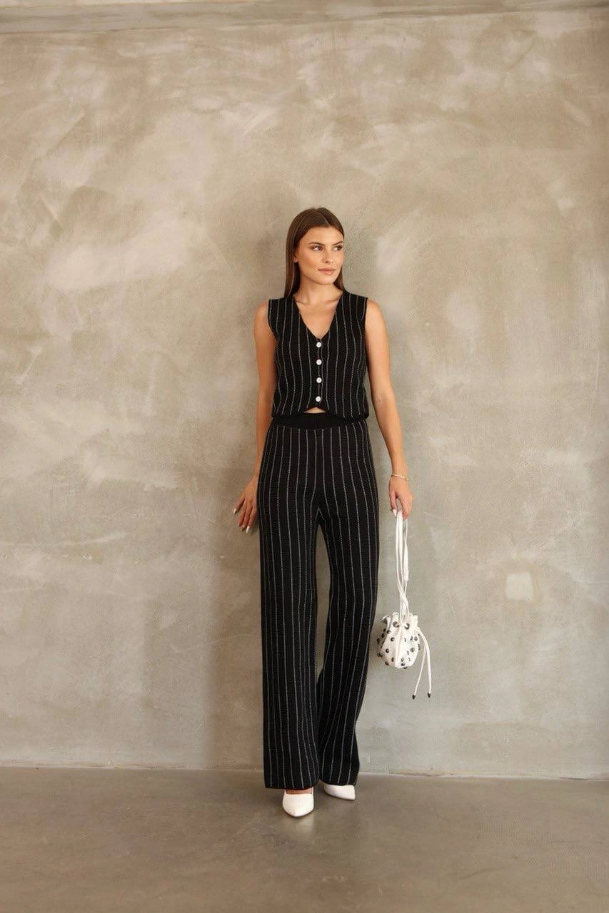 Pullaps Yelekli Çizgili Triko Takım Siyah