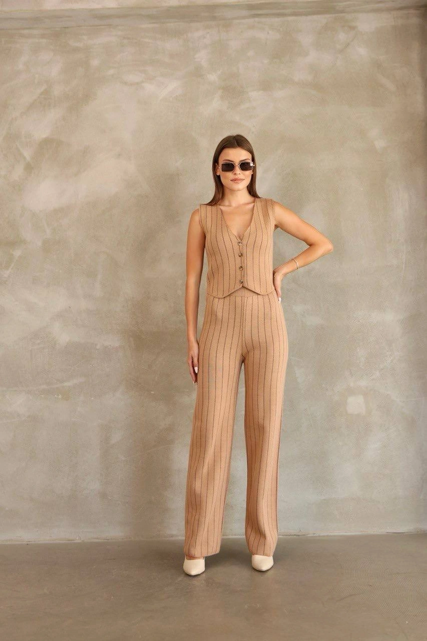 Pullaps Yelekli Çizgili Triko Takım Vizon