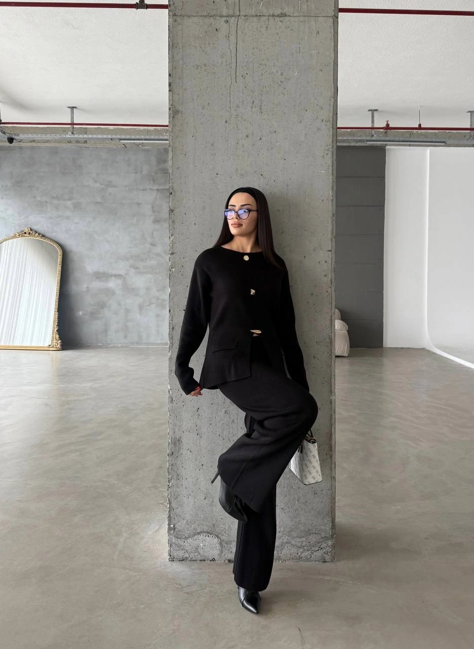 Pullaps Düğme Detaylı Triko Takım Siyah