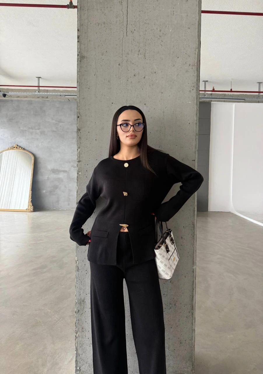 Pullaps Düğme Detaylı Triko Takım Siyah