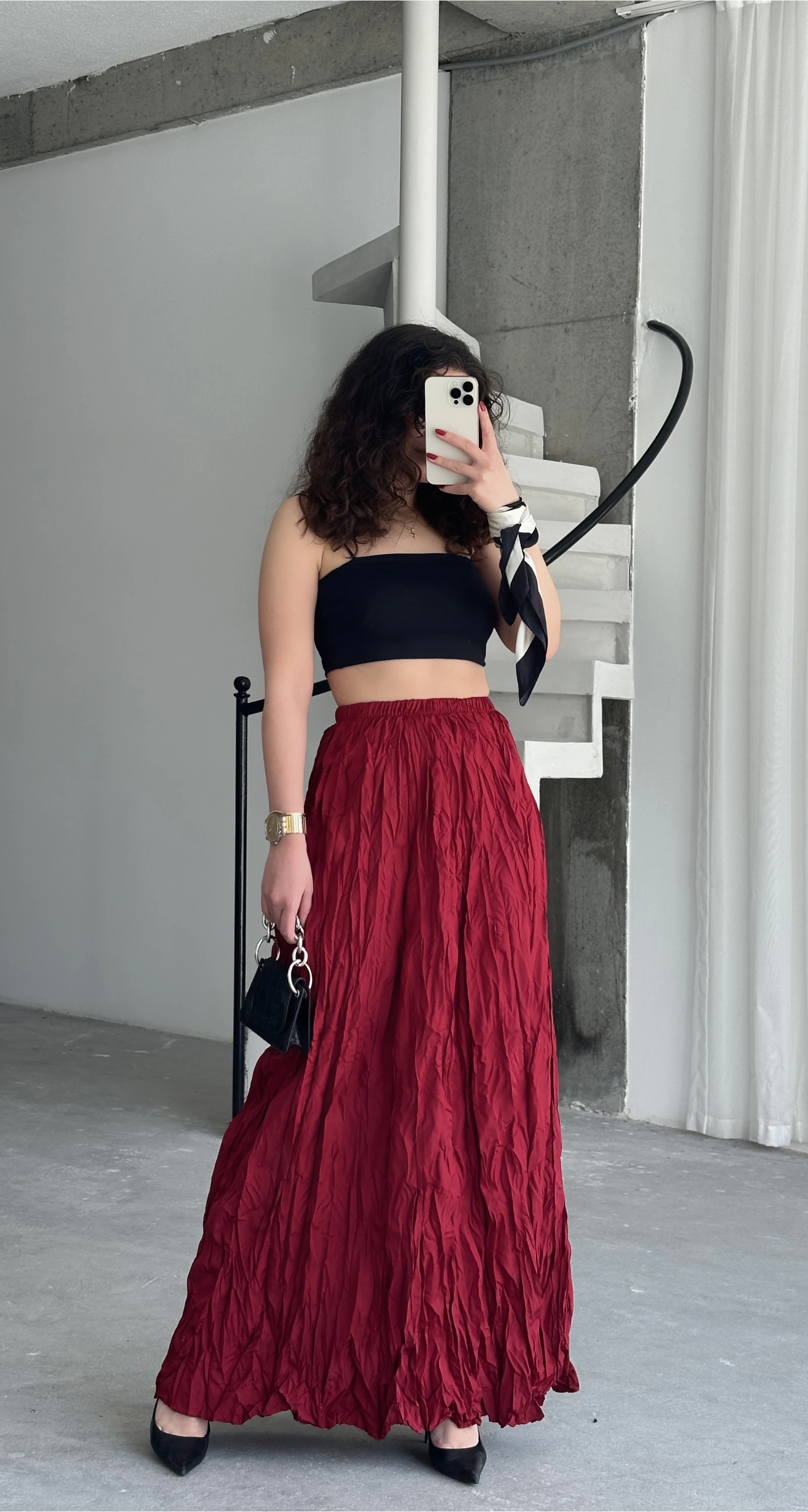 Pullaps Yüksek Bel Kıraçlı Kırışık Etek Bordo