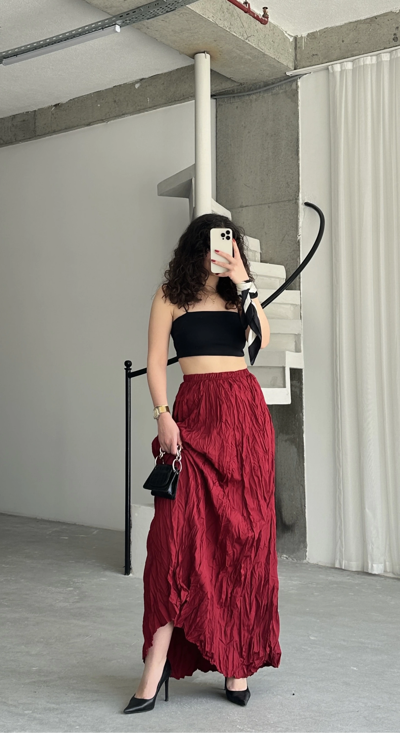 Pullaps Yüksek Bel Kıraçlı Kırışık Etek Bordo