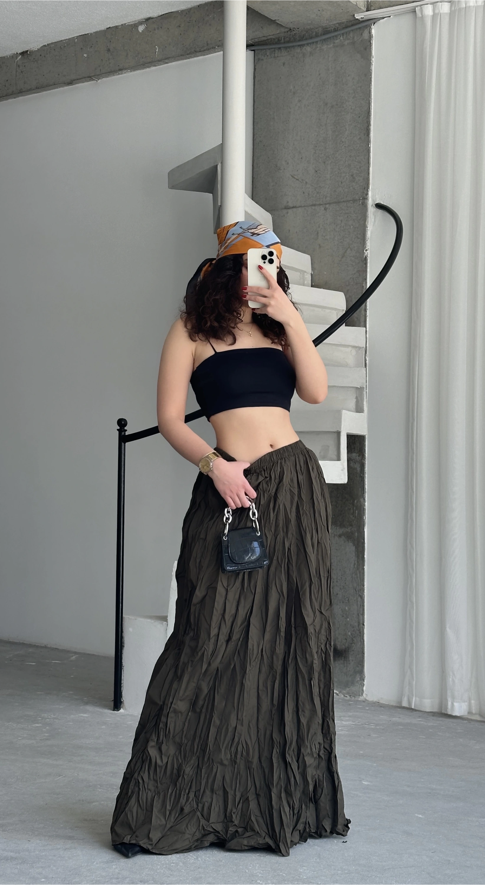 Pullaps Yüksek Bel Kıraçlı Kırışık Etek Haki