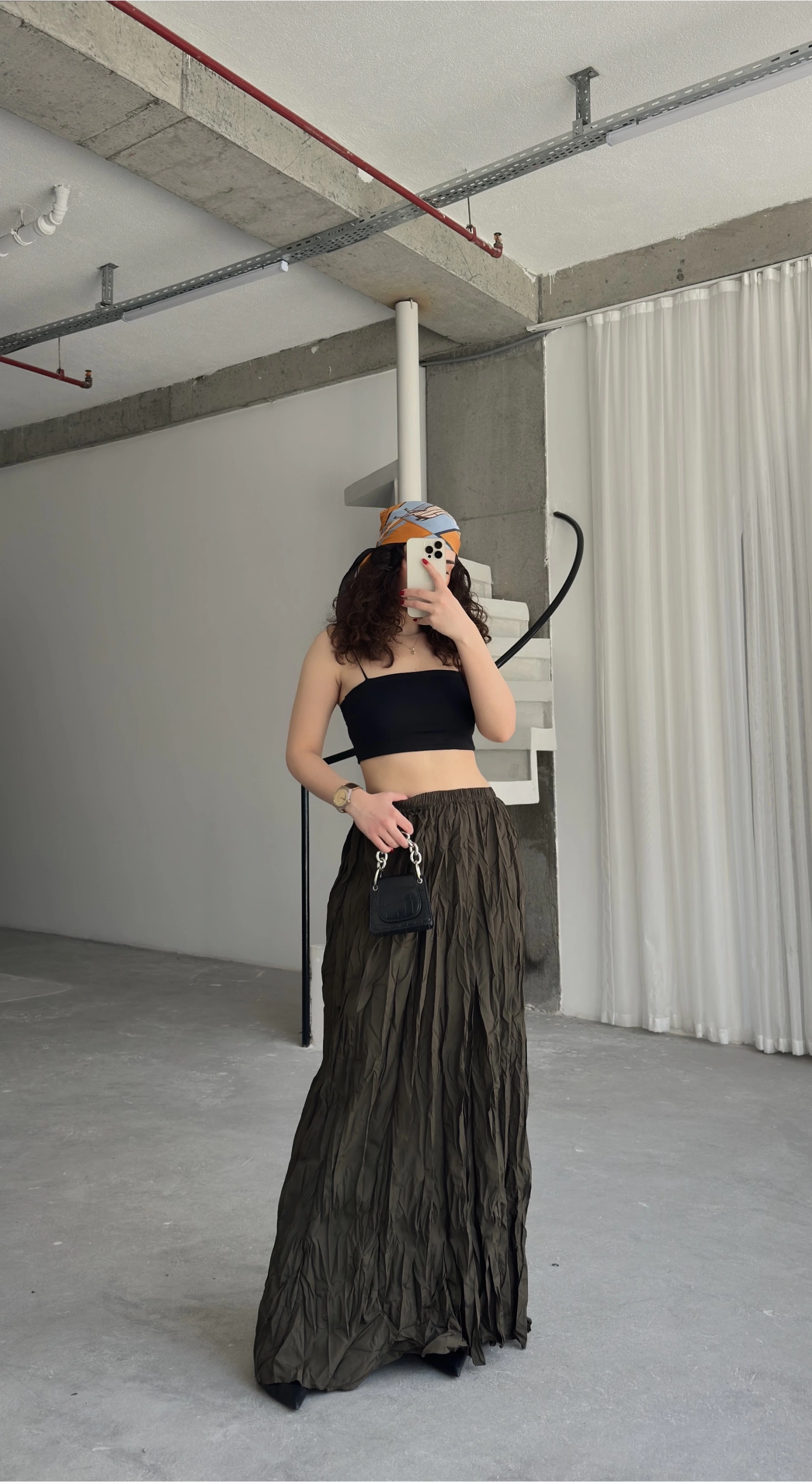 Pullaps Yüksek Bel Kıraçlı Kırışık Etek Haki