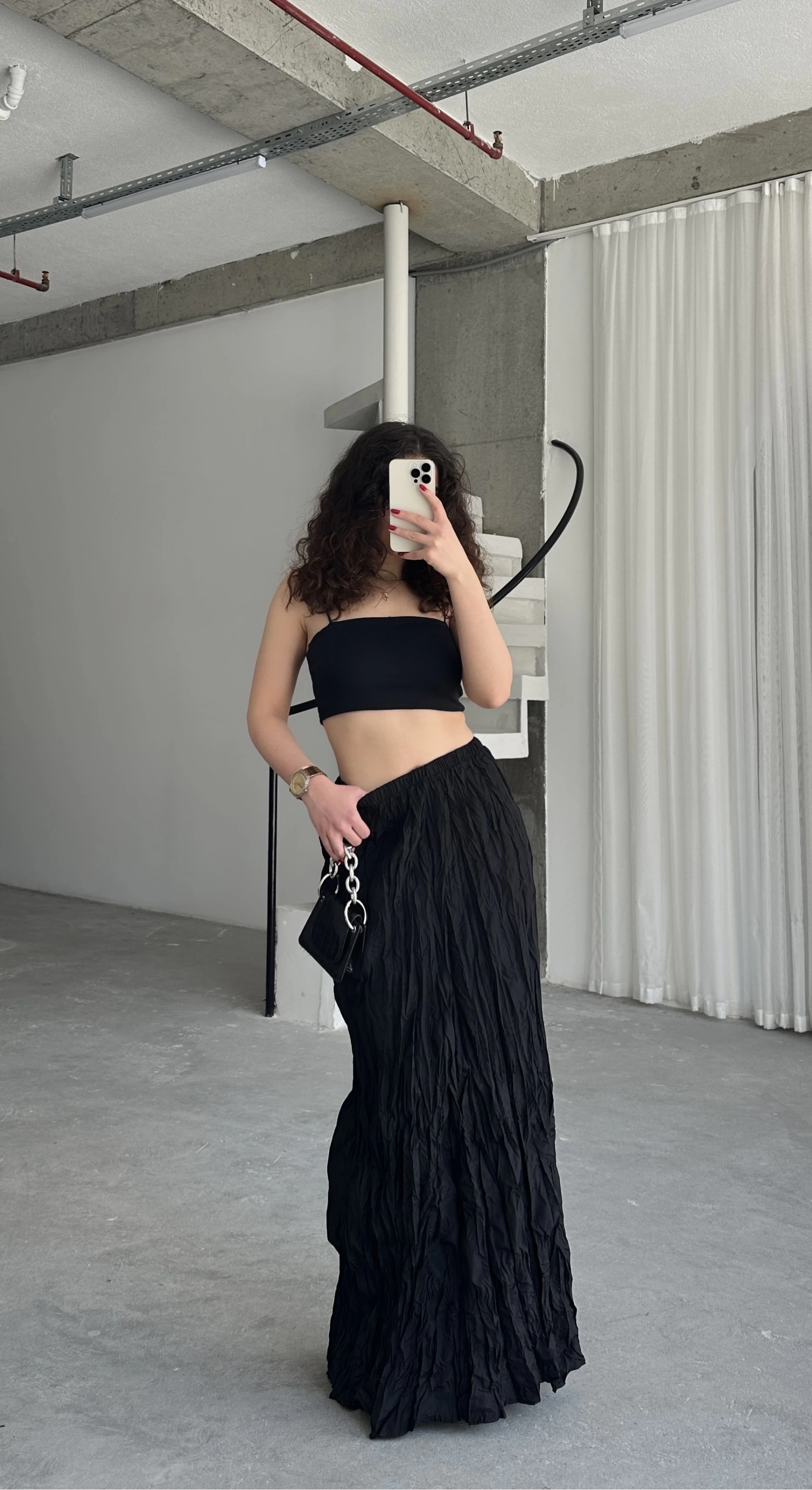 Pullaps Yüksek Bel Kıraçlı Kırışık Etek Siyah