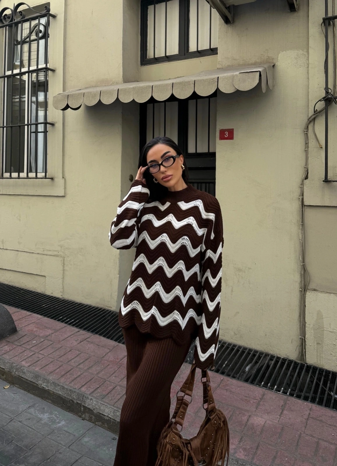 Pullaps Zigzak Desenli Kazak Ve Elbise Triko Takım Kahve