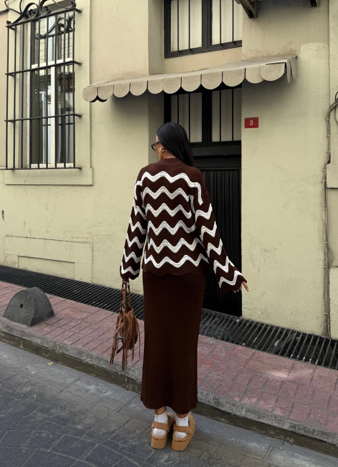 Pullaps Zigzak Desenli Kazak Ve Elbise Triko Takım Kahve