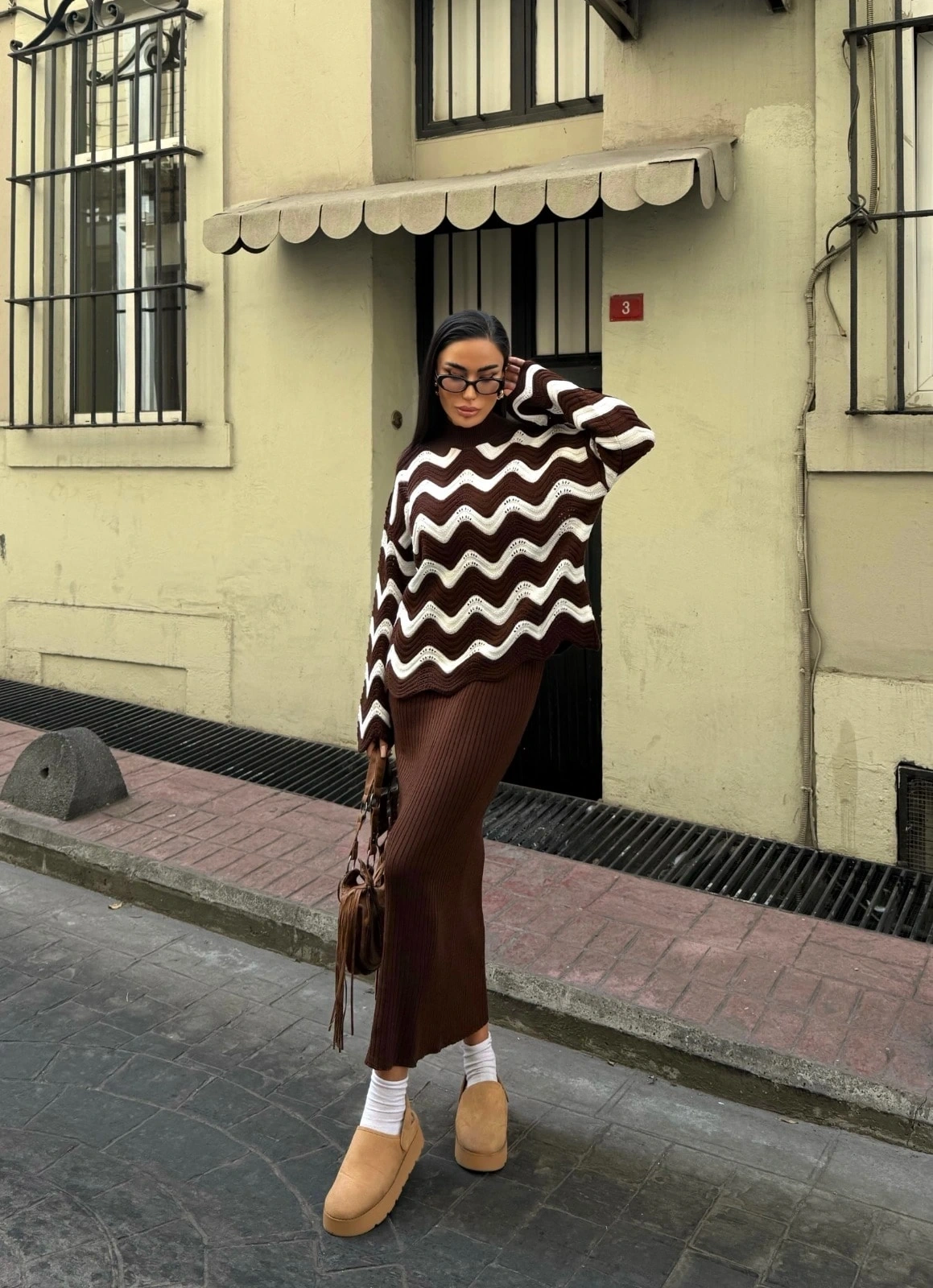 Pullaps Zigzak Desenli Kazak Ve Elbise Triko Takım Kahve