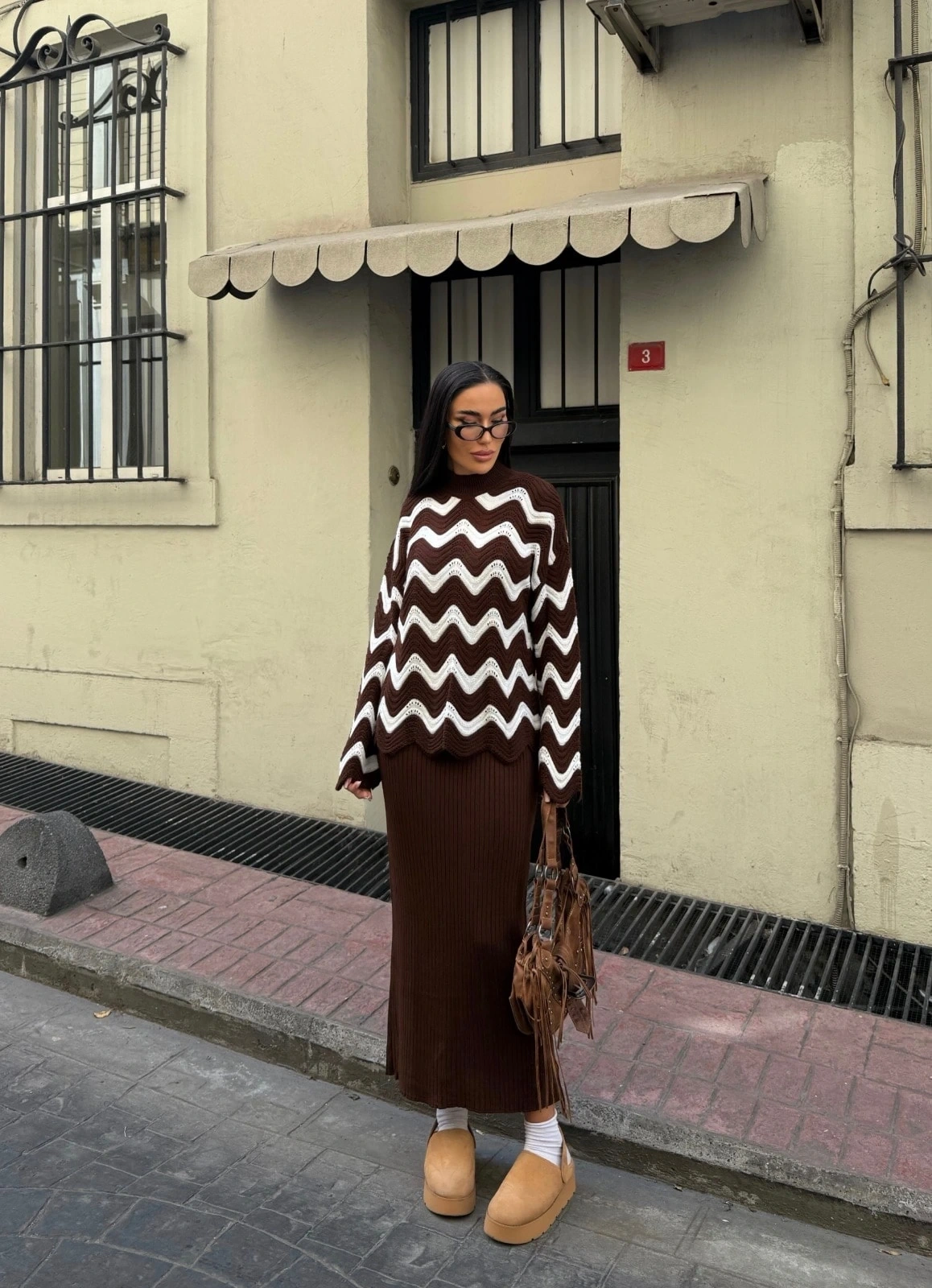 Pullaps Zigzak Desenli Kazak Ve Elbise Triko Takım Kahve