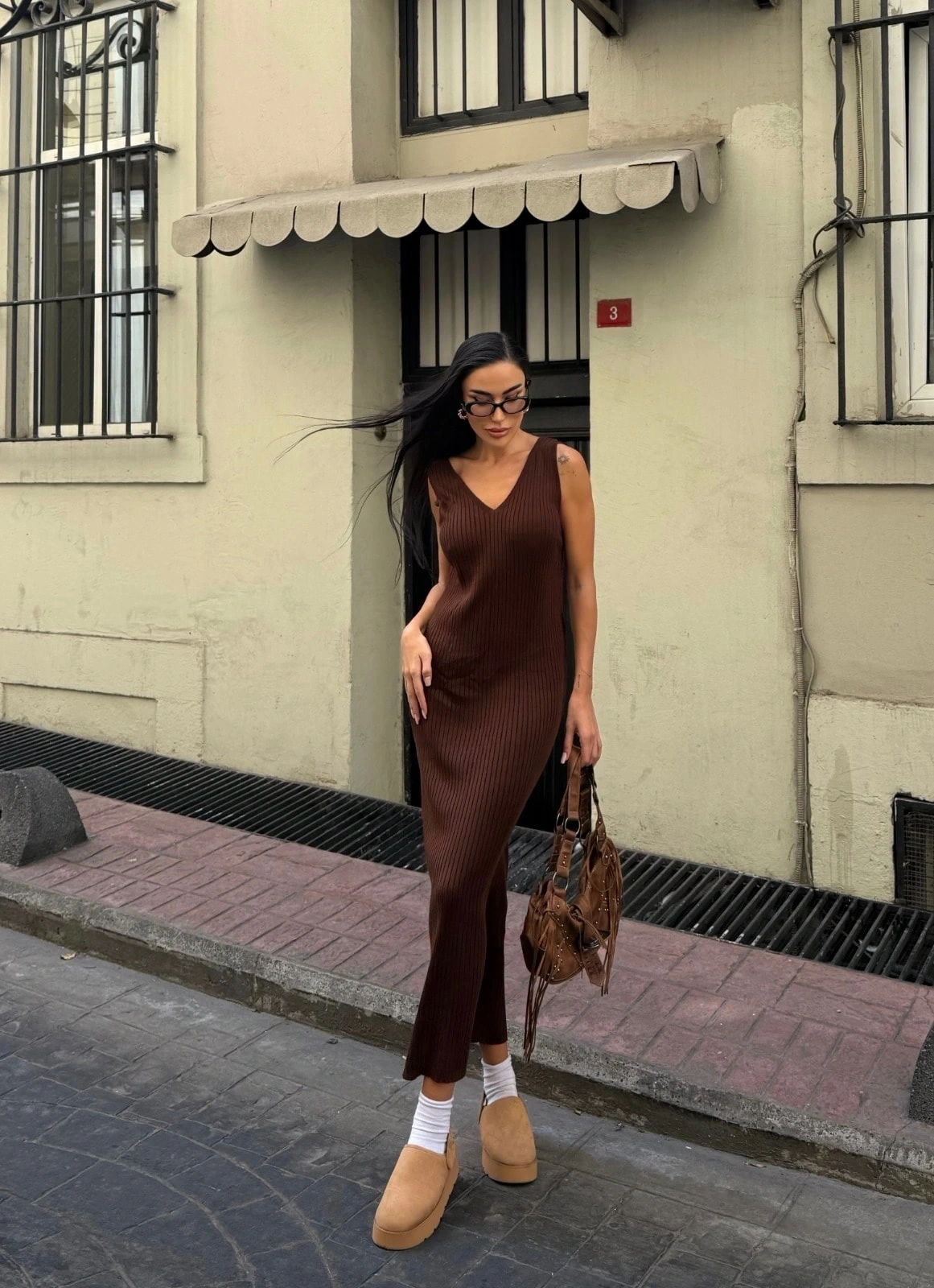 Pullaps Zigzak Desenli Kazak Ve Elbise Triko Takım Kahve