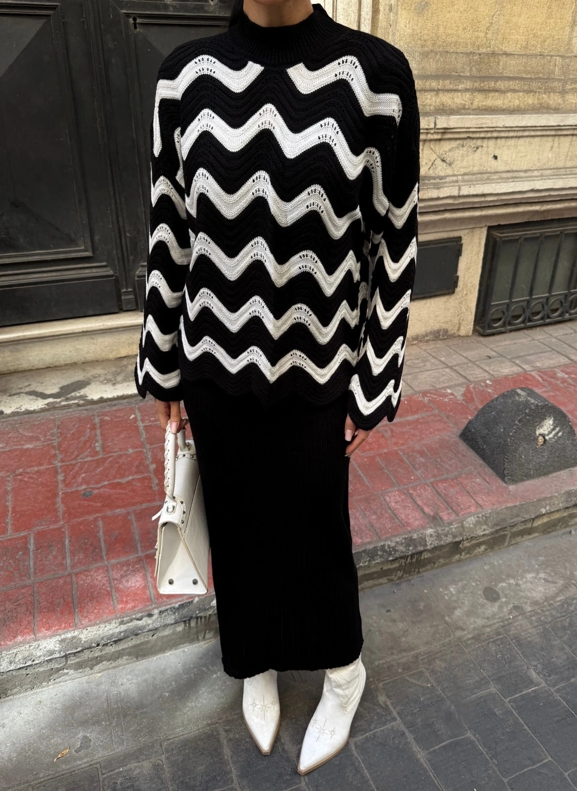 Pullaps Zigzak Desenli Kazak Ve Elbise Triko Takım Siyah