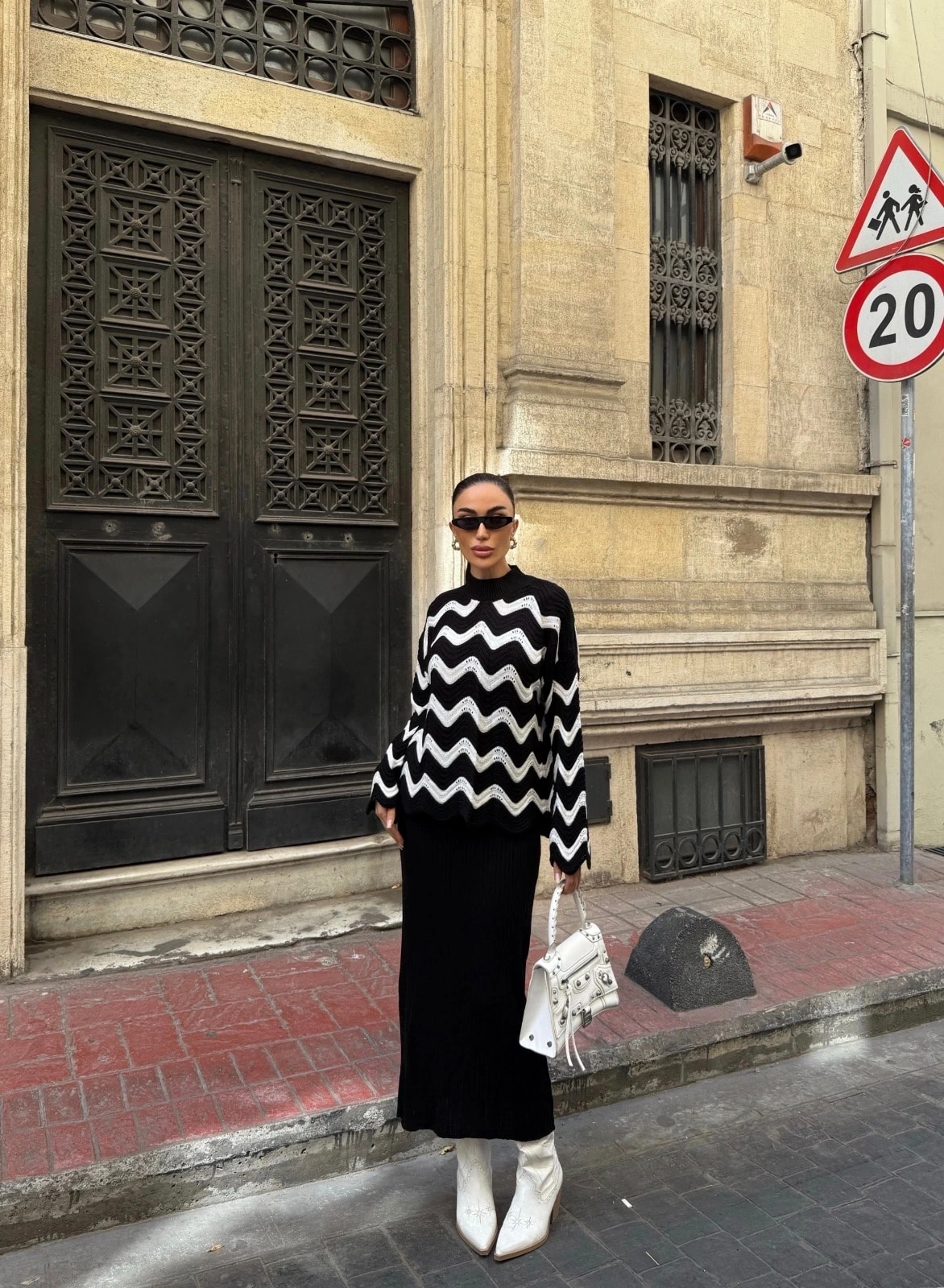 Pullaps Zigzak Desenli Kazak Ve Elbise Triko Takım Siyah