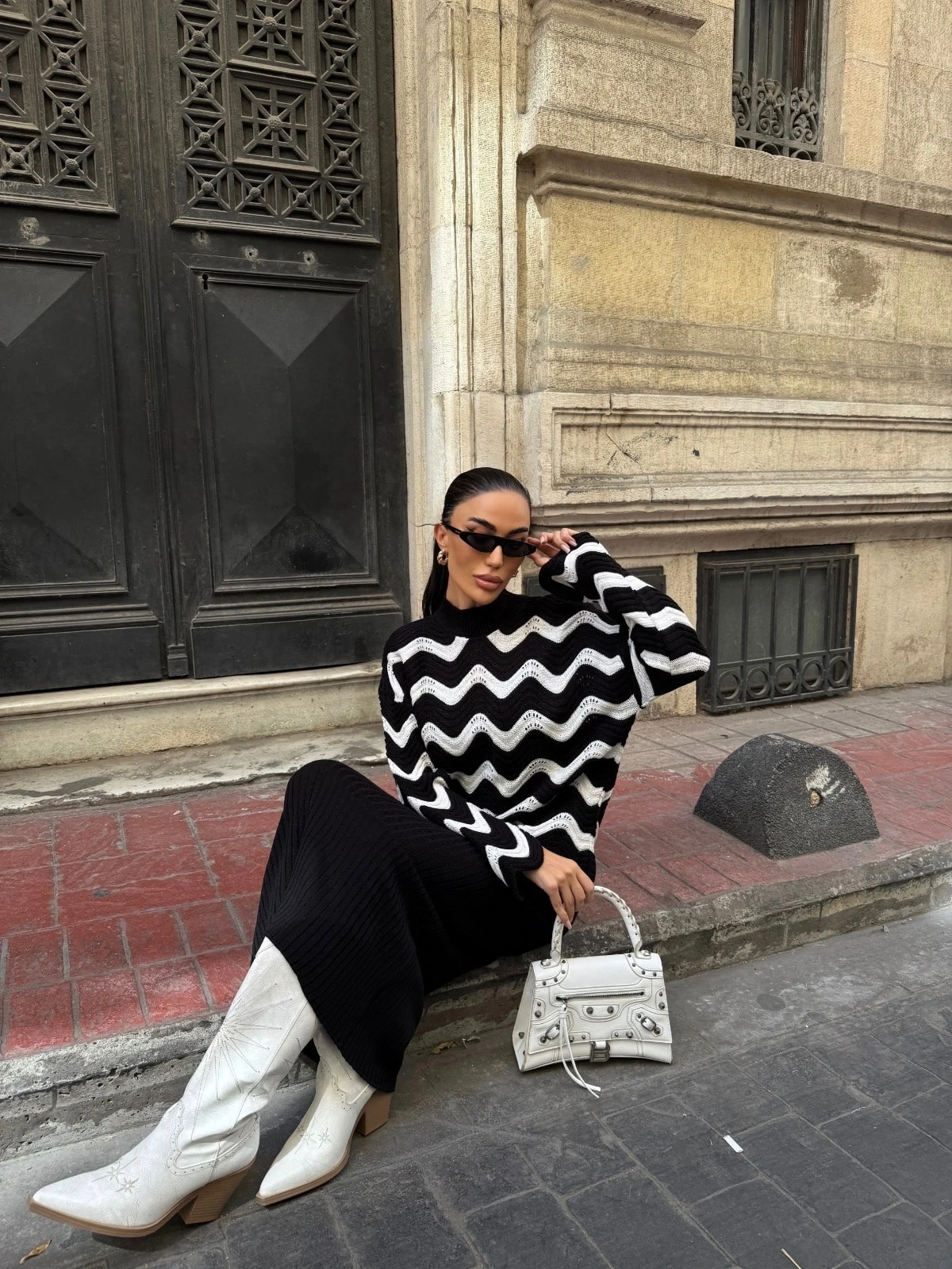 Pullaps Zigzak Desenli Kazak Ve Elbise Triko Takım Siyah