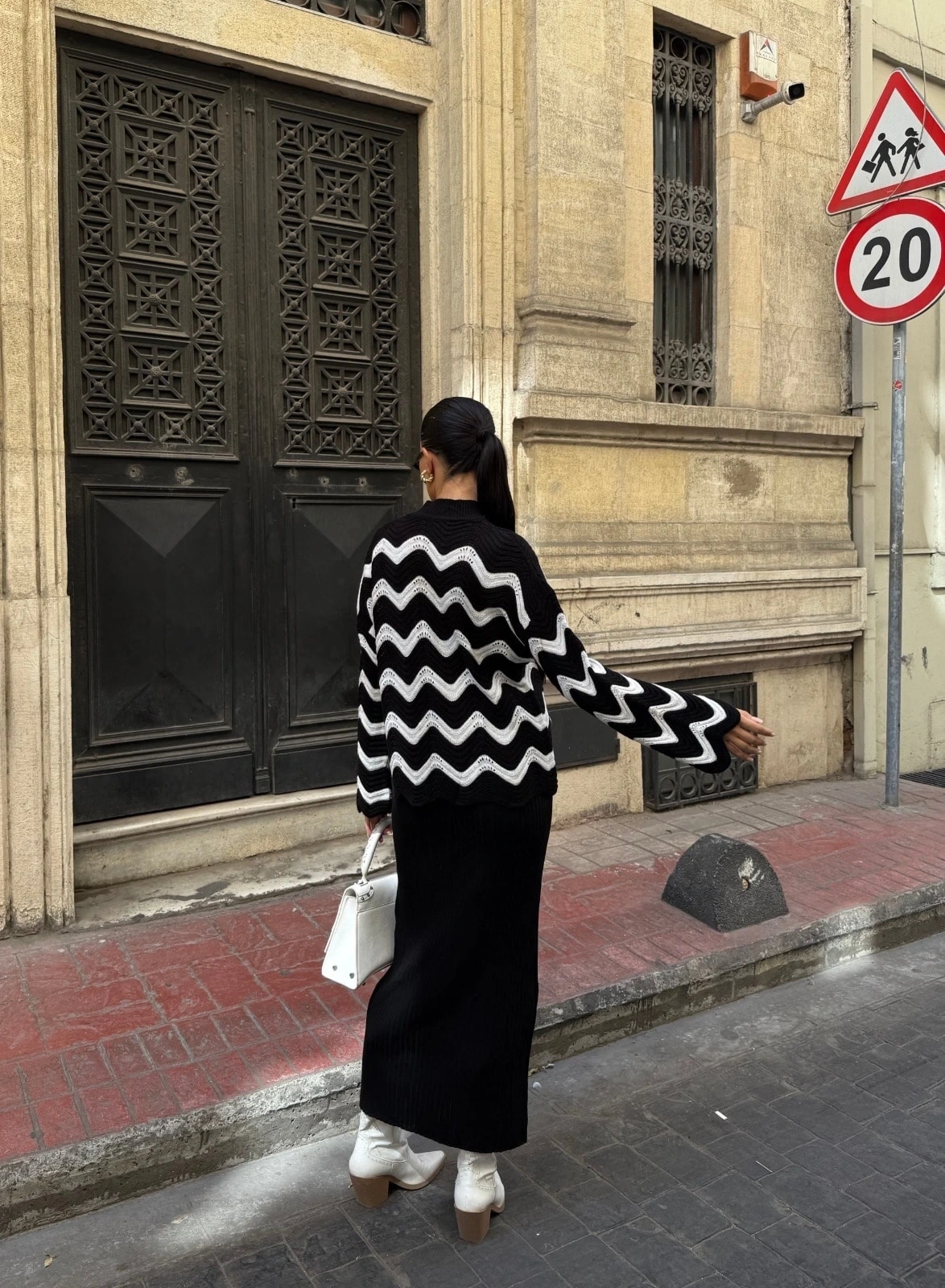 Pullaps Zigzak Desenli Kazak Ve Elbise Triko Takım Siyah