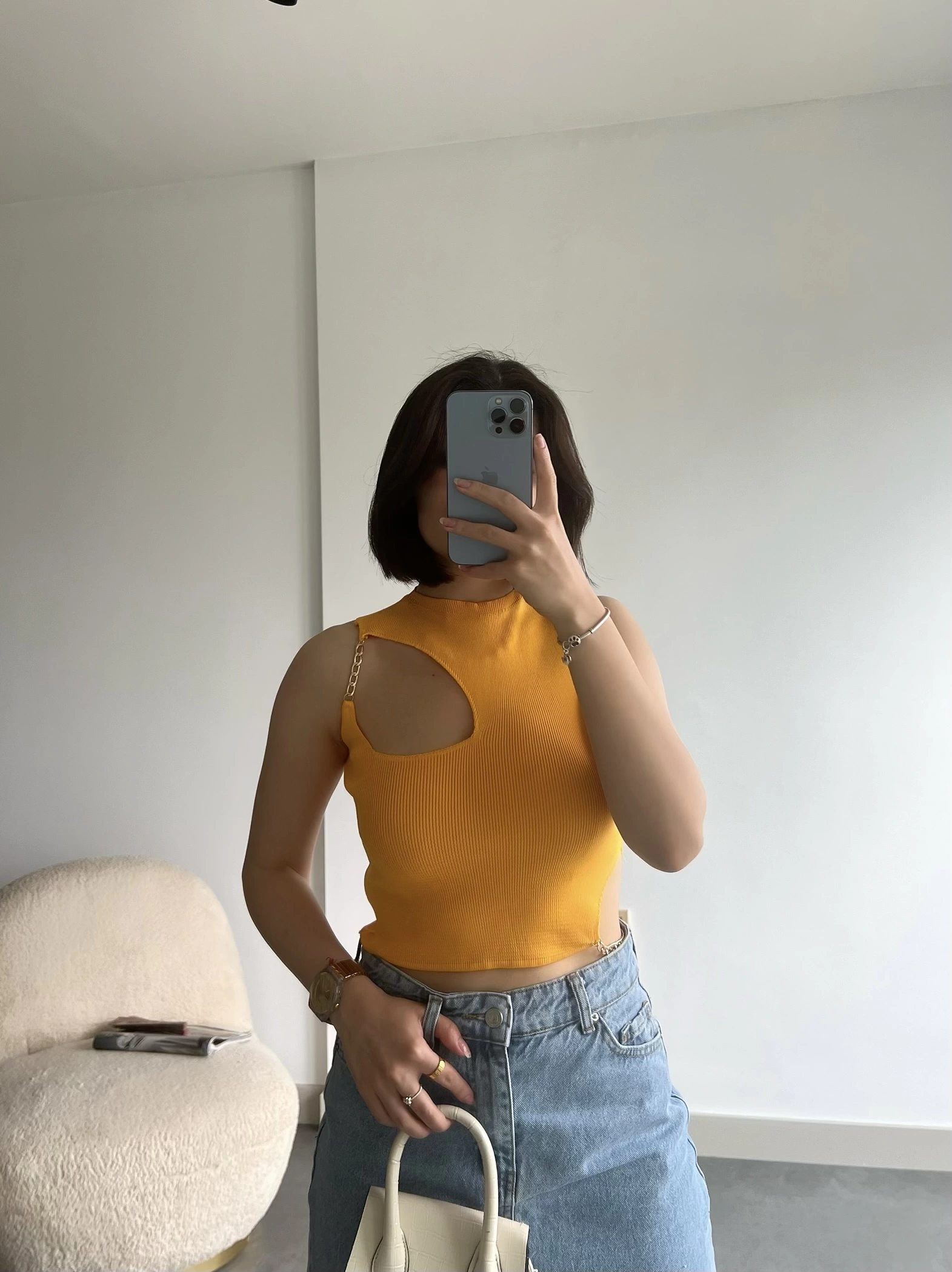 Pullaps Zincir Detaylı Triko Crop Sarı