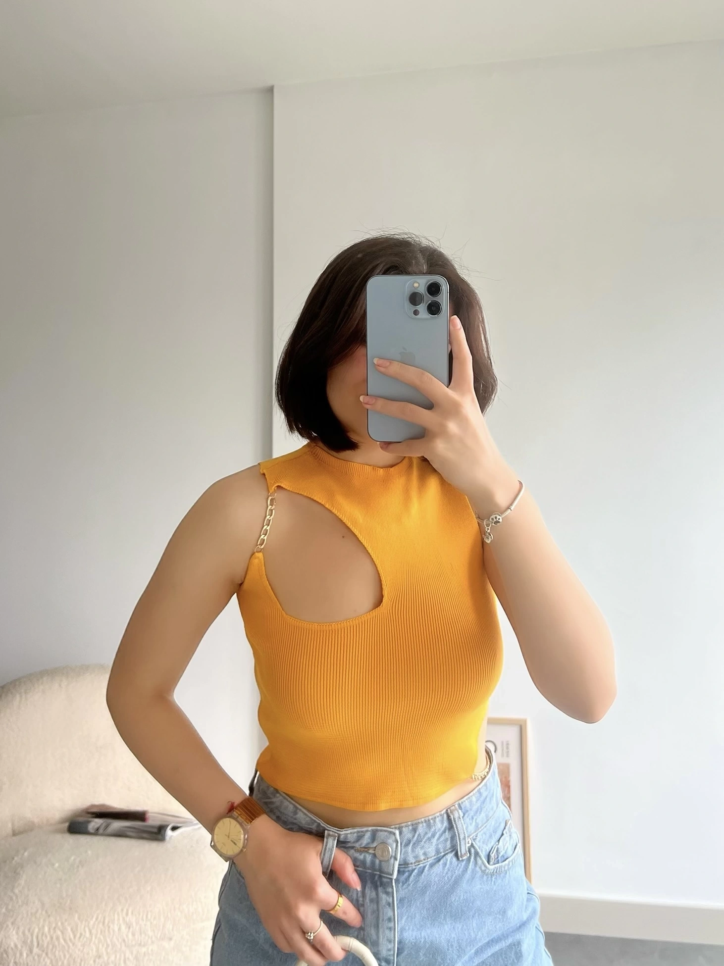 Pullaps Zincir Detaylı Triko Crop Sarı