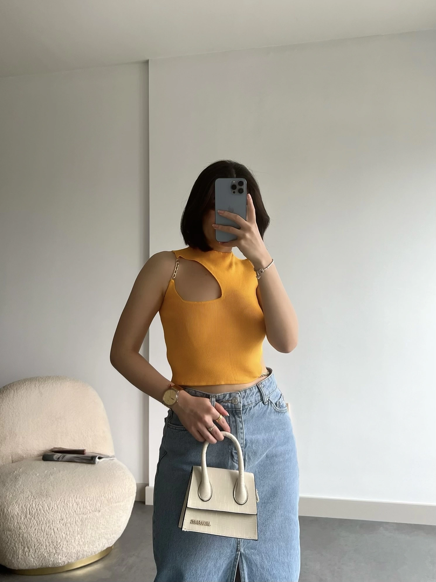 Pullaps Zincir Detaylı Triko Crop Sarı