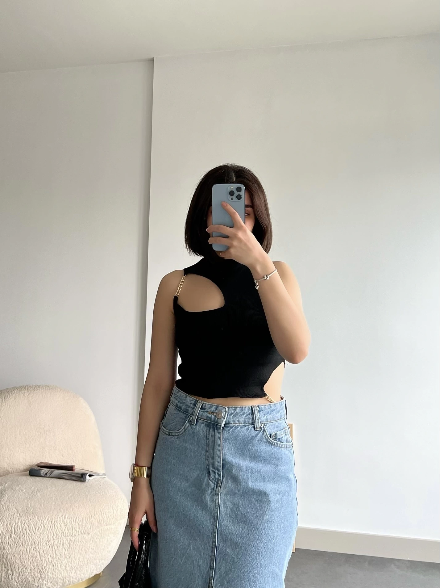 Pullaps Zincir Detaylı Triko Crop Siyah