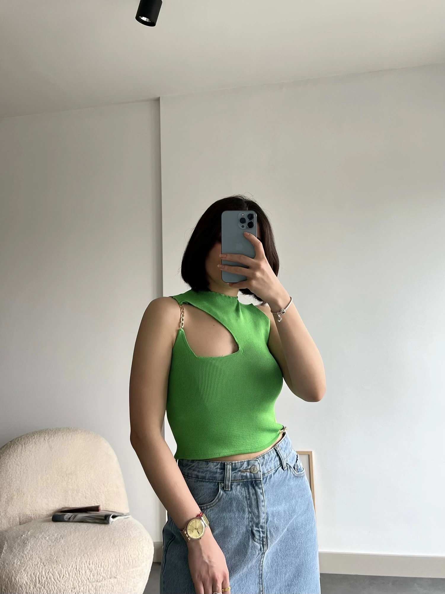 Pullaps Zincir Detaylı Triko Crop Yeşil