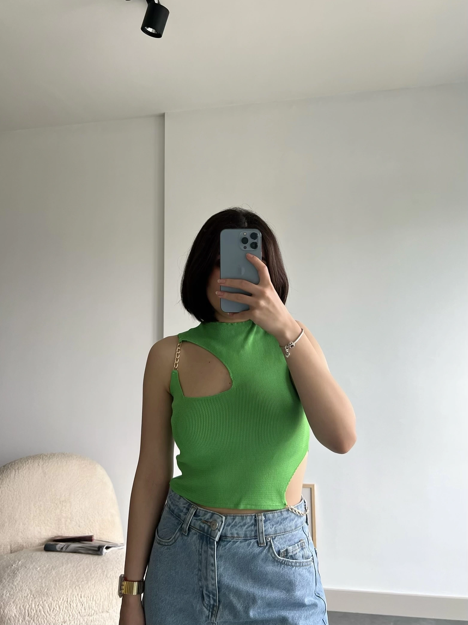 Pullaps Zincir Detaylı Triko Crop Yeşil