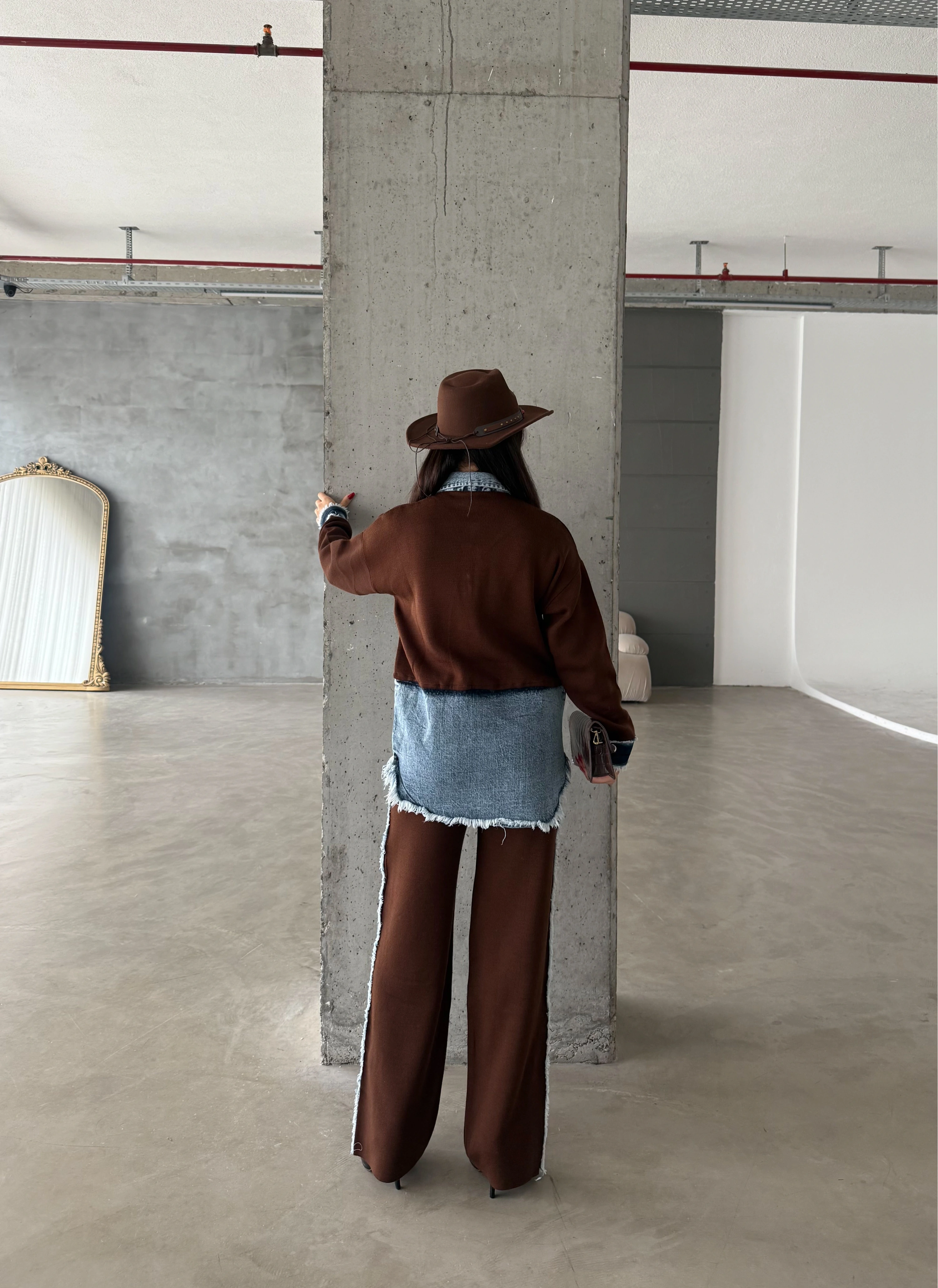 Pullaps Kot Garnili Pantolonlu Triko Takım Kahve