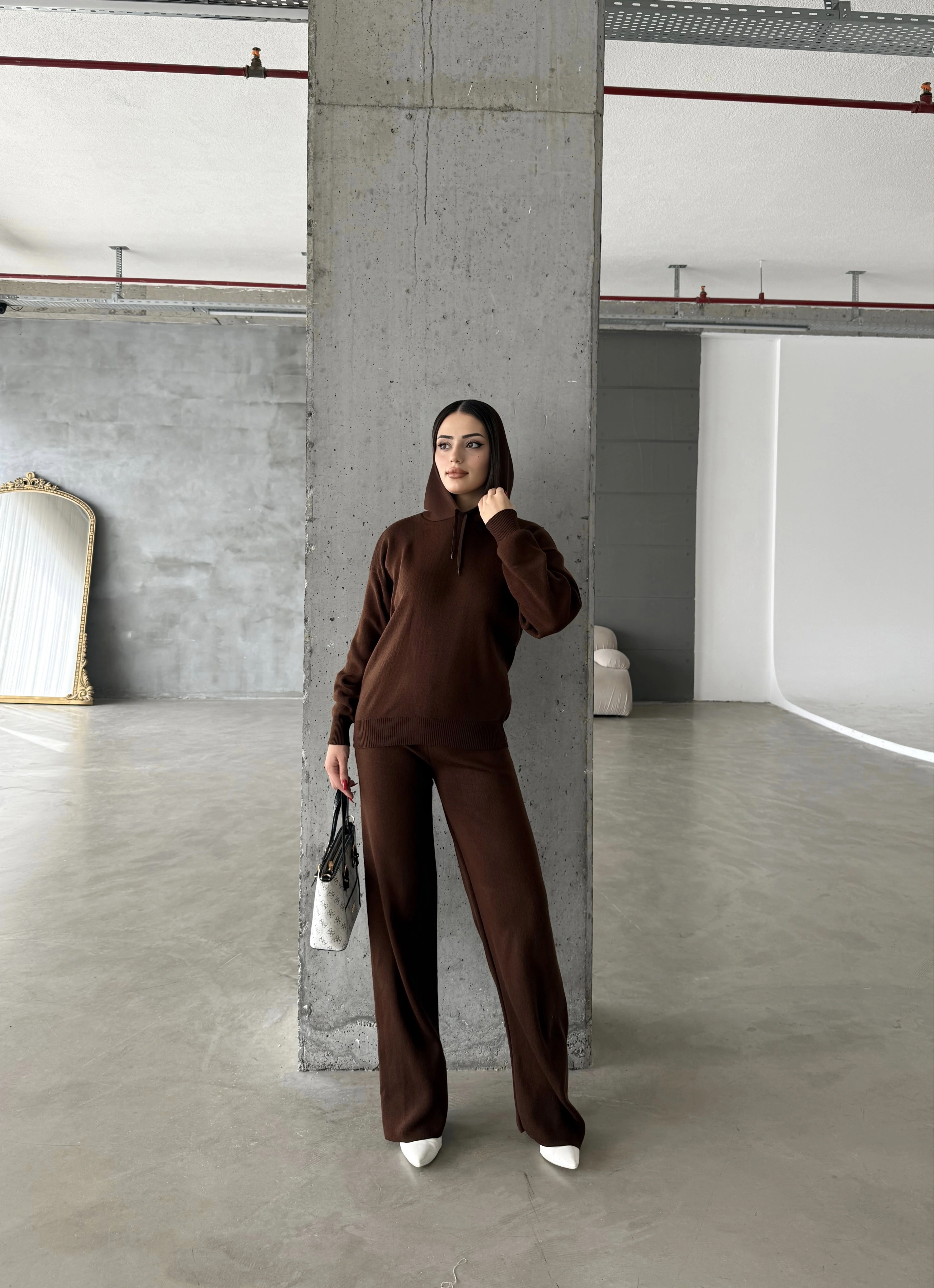 Pullaps Kapşonlu Triko Takım Kahve