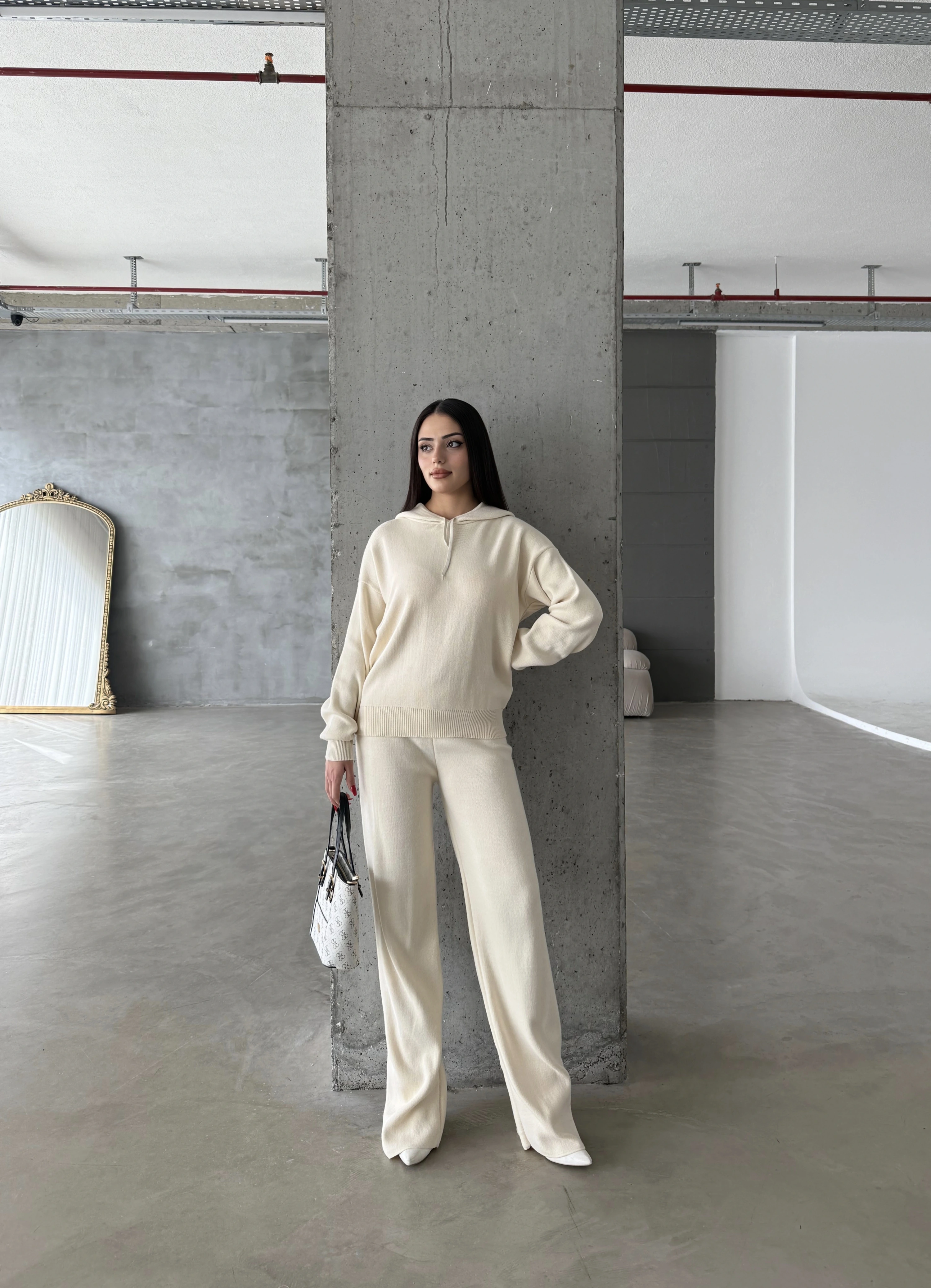 Pullaps Kapşonlu Triko Takım Krem