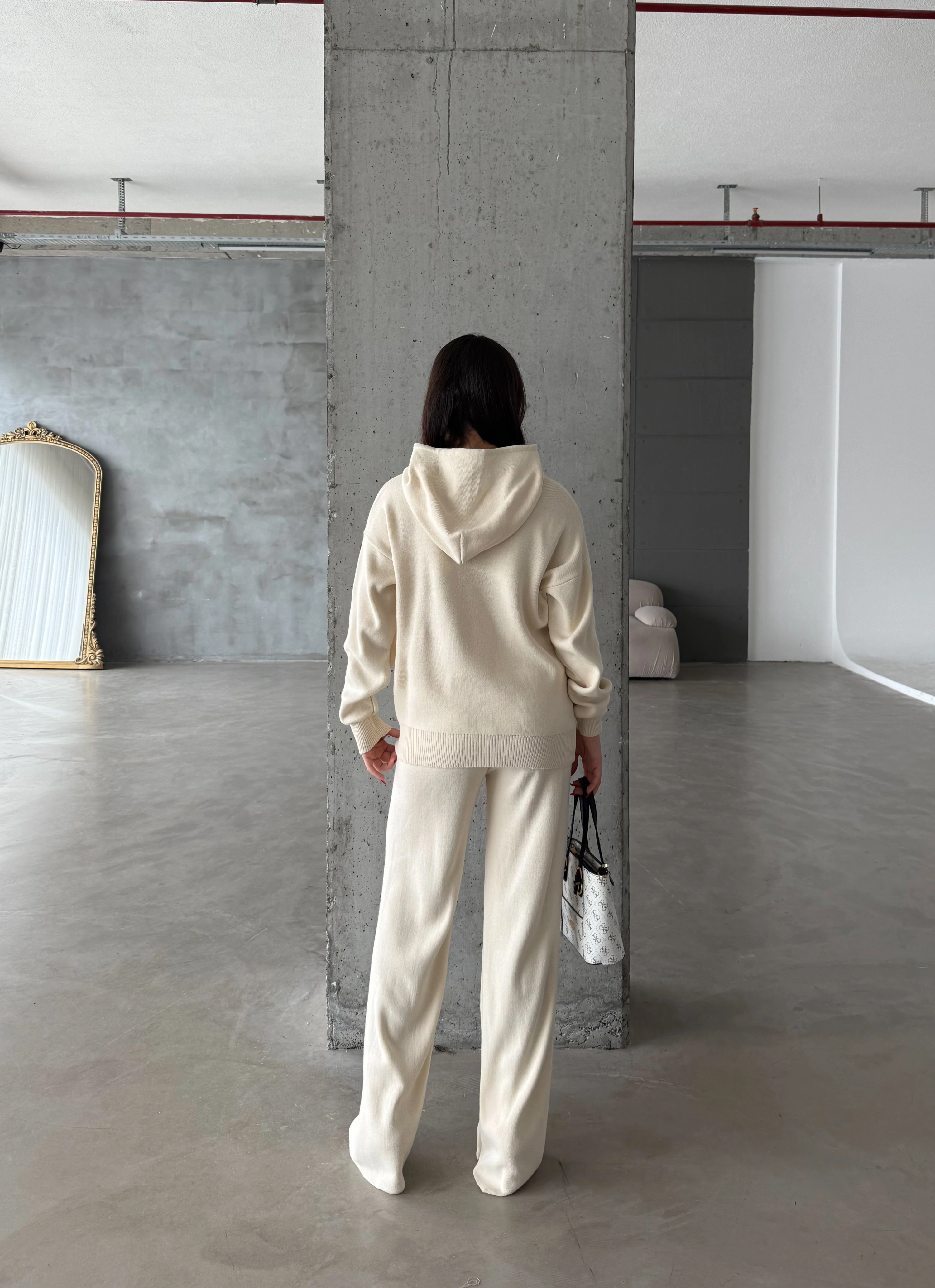 Pullaps Kapşonlu Triko Takım Krem