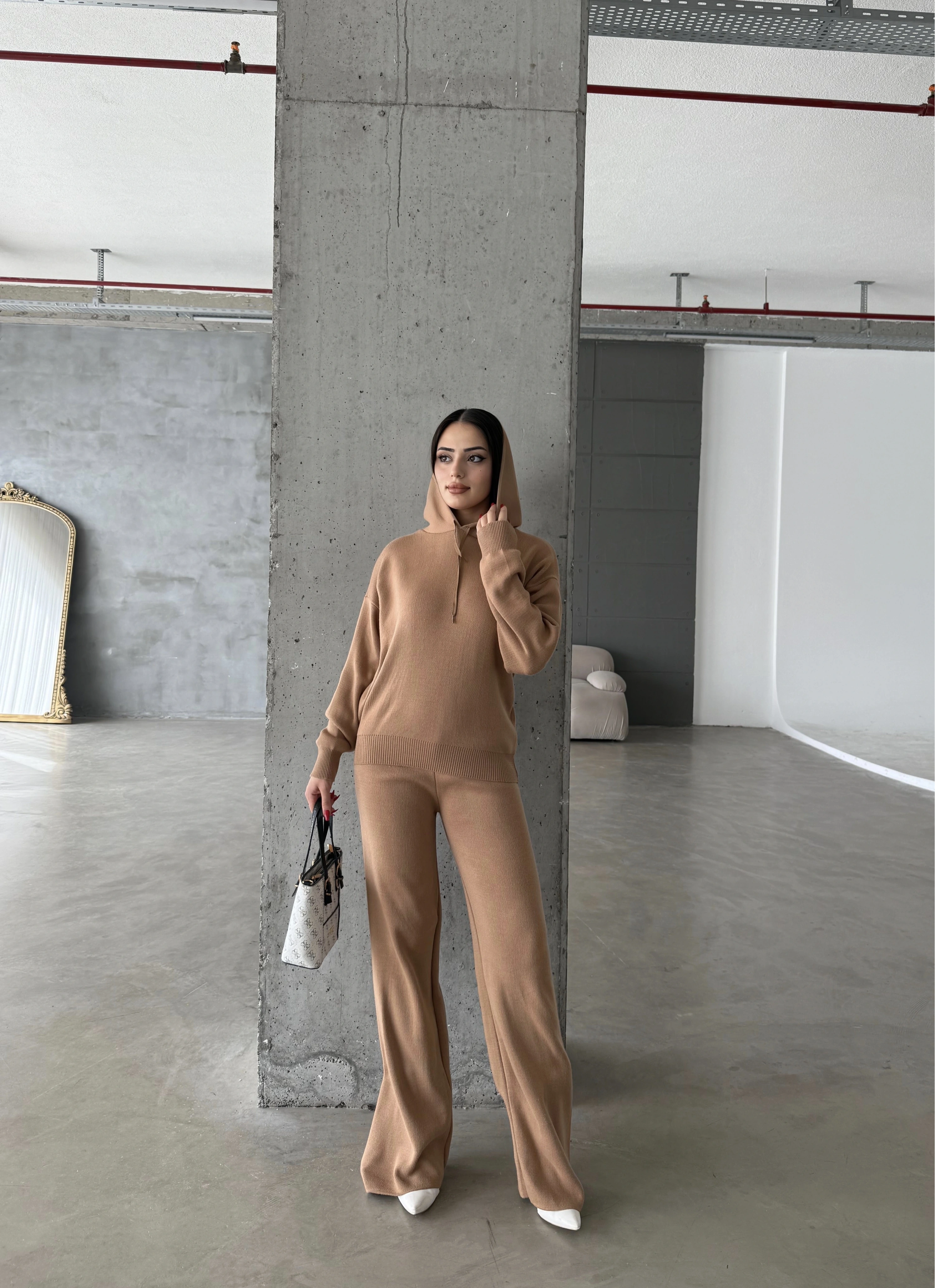 Pullaps Kapşonlu Triko Takım Vizon