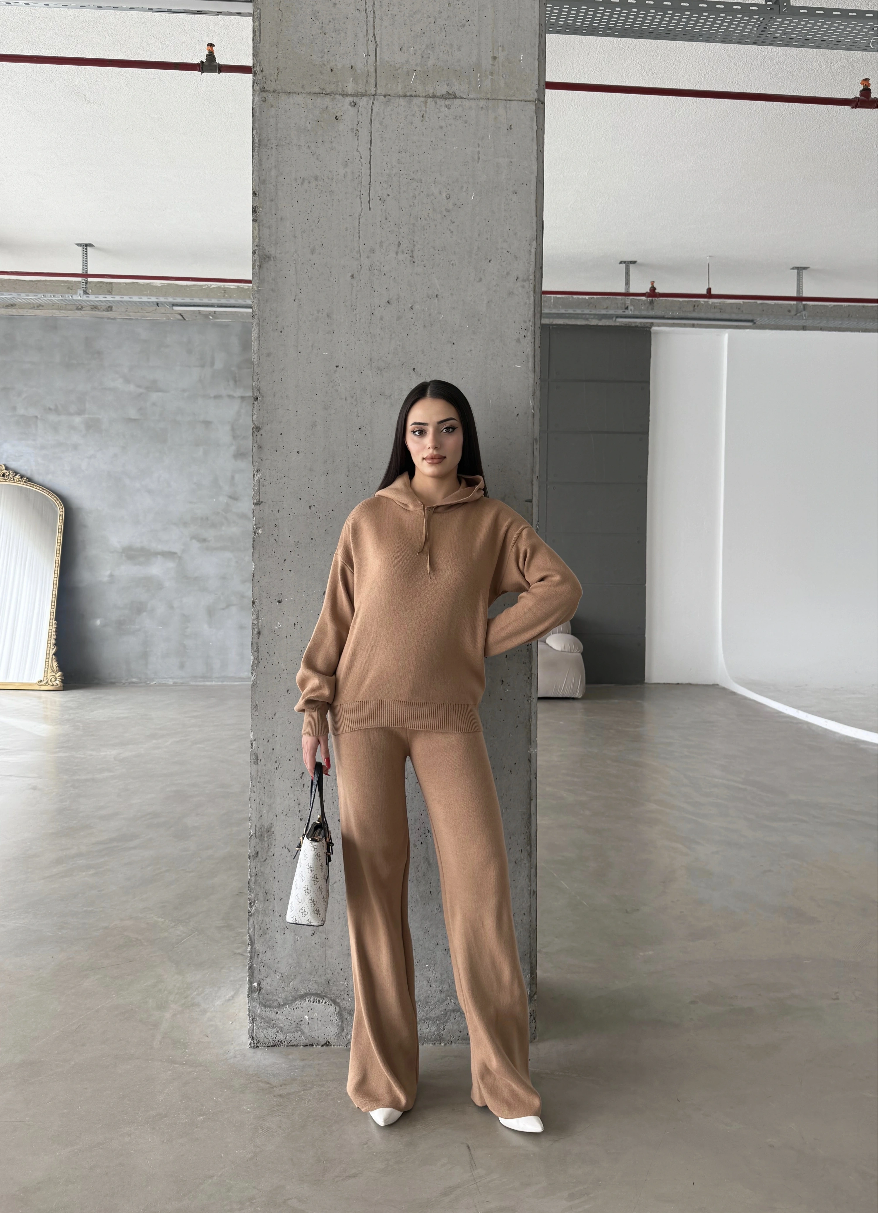 Pullaps Kapşonlu Triko Takım Vizon