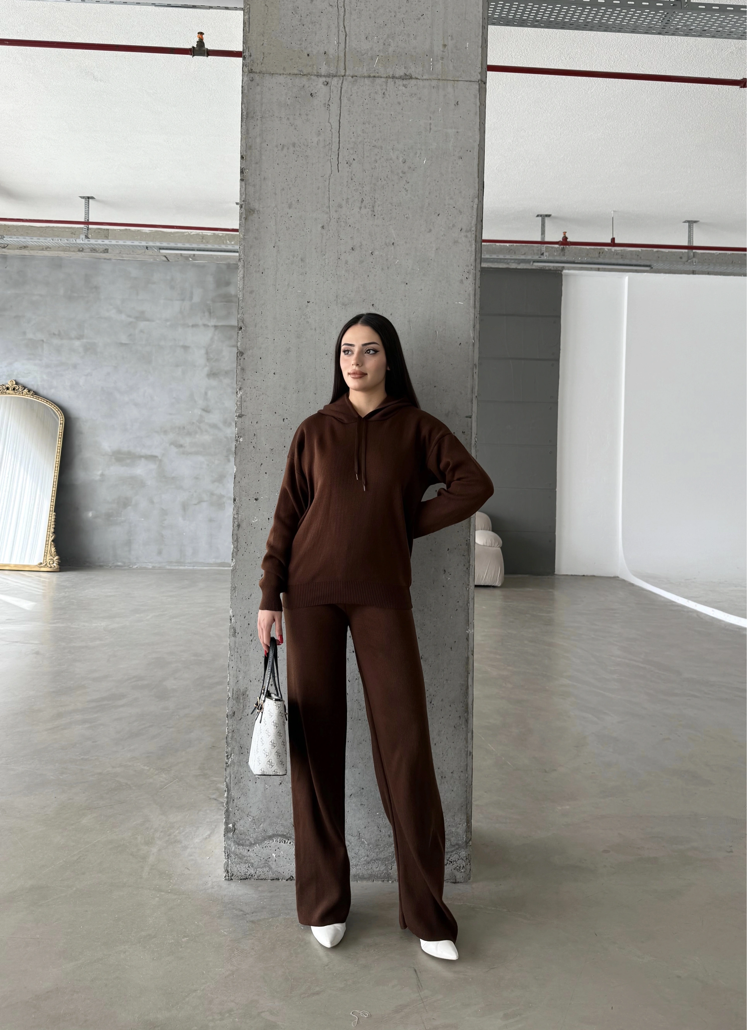 Pullaps Kapşonlu Triko Takım Kahve