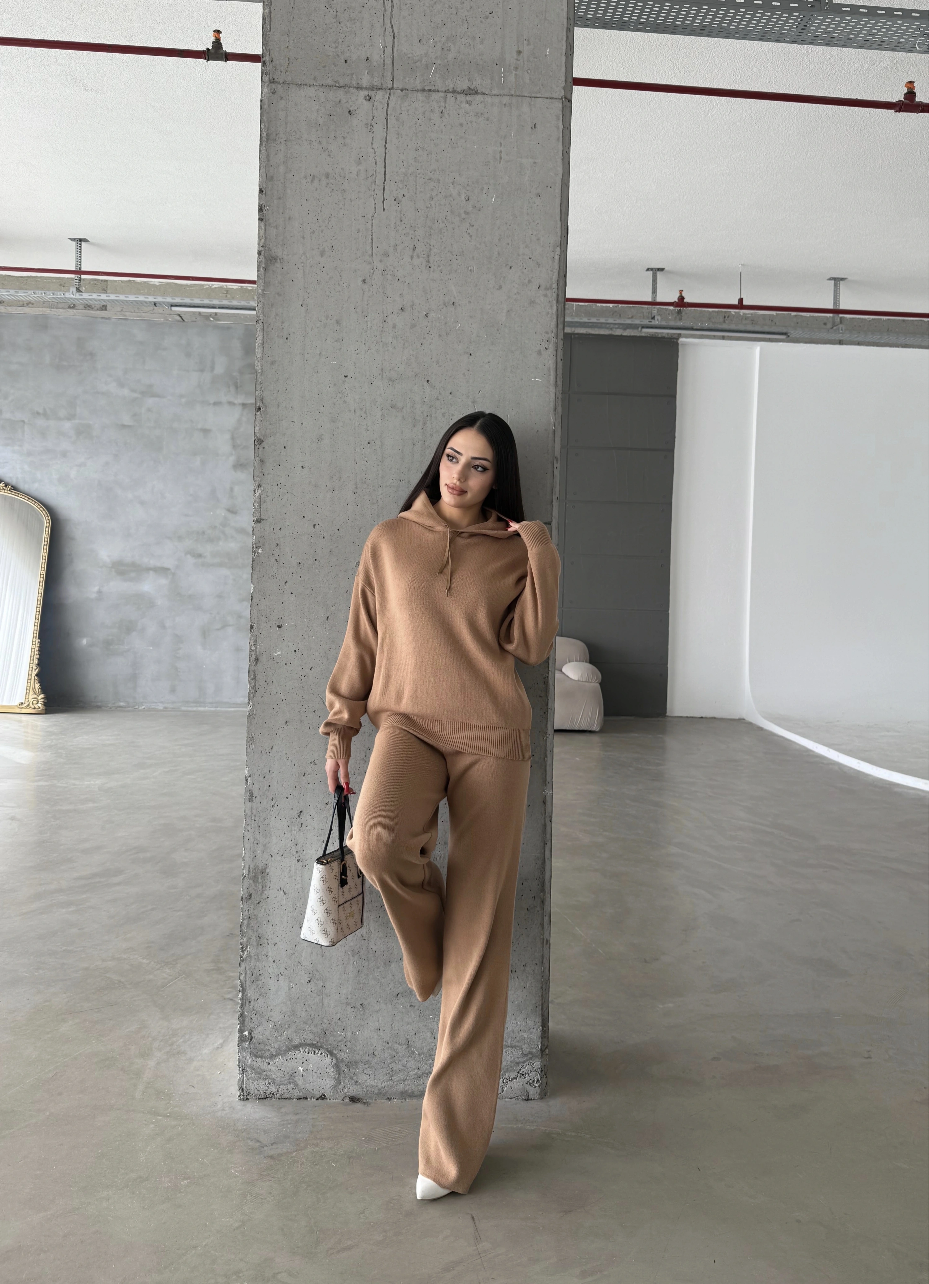 Pullaps Kapşonlu Triko Takım Vizon