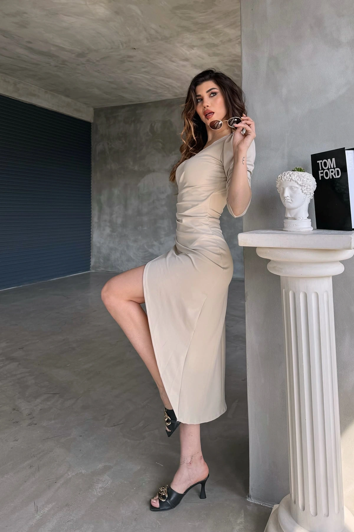 V Yaka Anvelop Etek Midi Boy Dalgıç Elbise