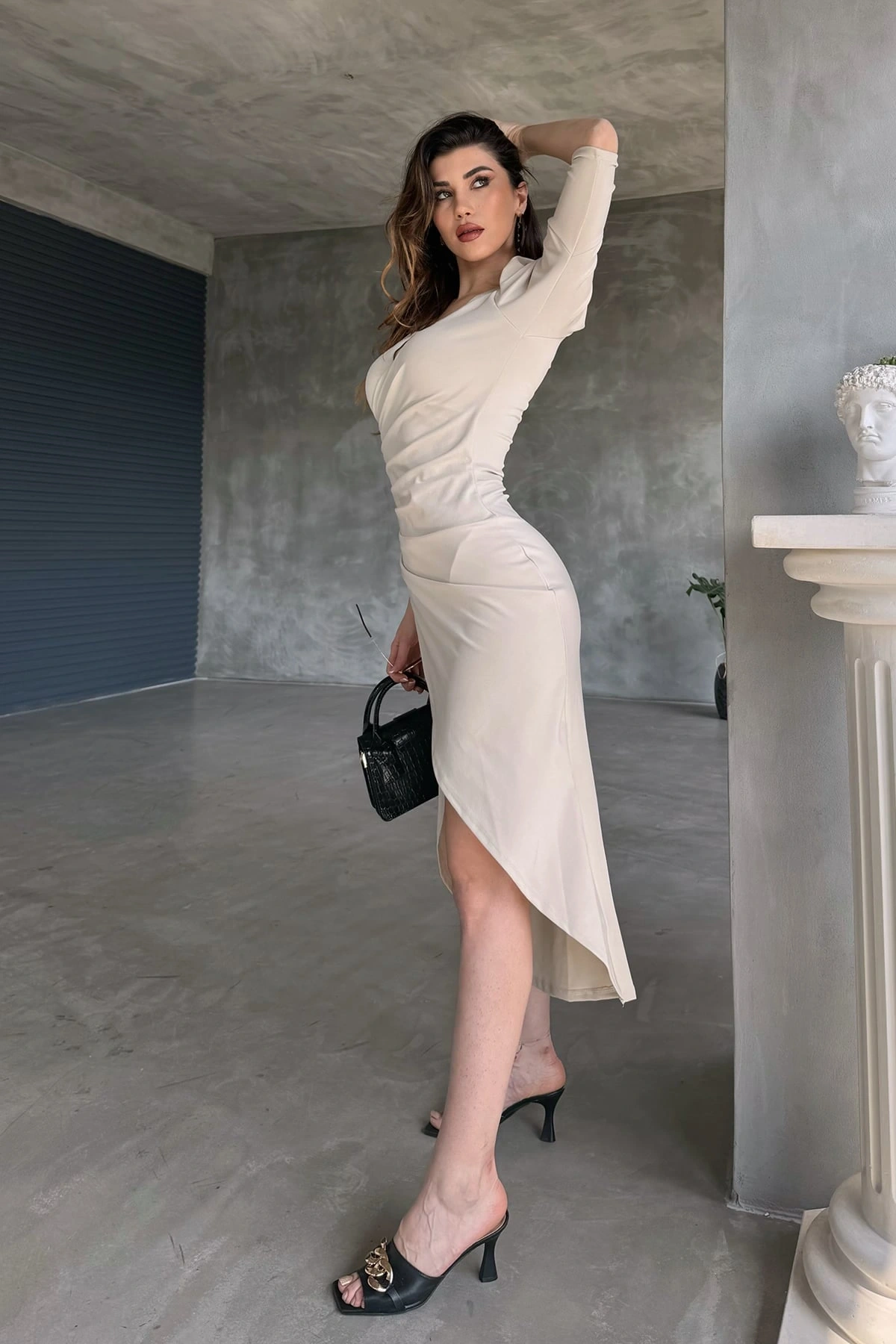 V Yaka Anvelop Etek Midi Boy Dalgıç Elbise