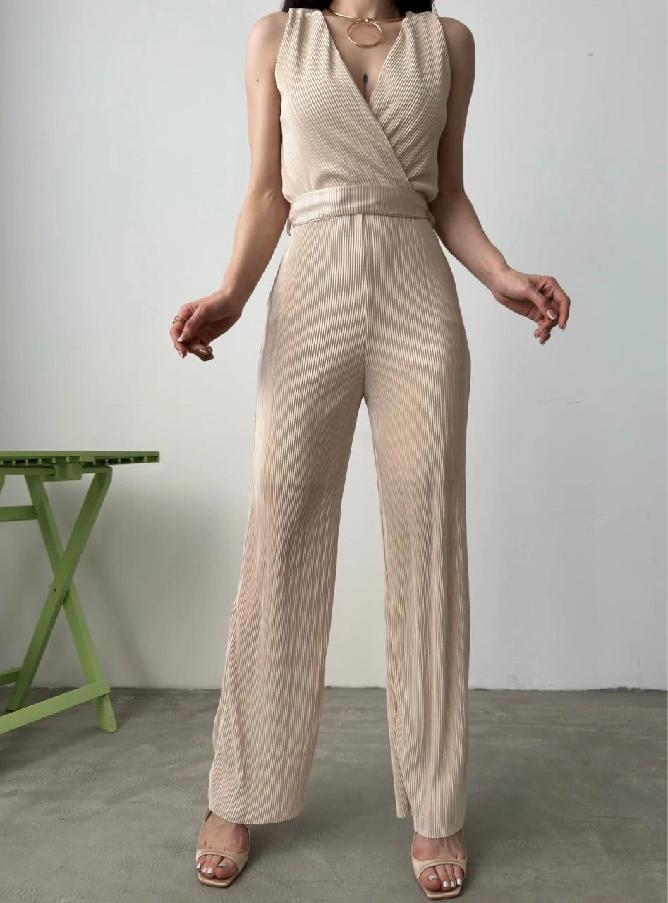 V Yaka Kuşaklı Krinkle Tulum