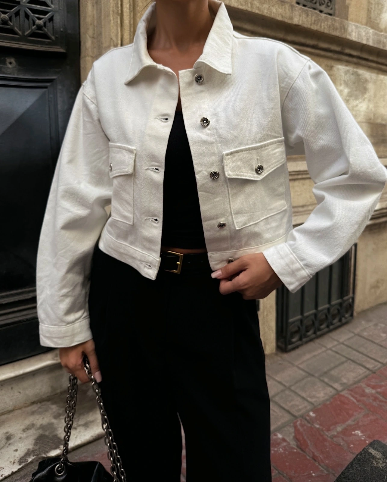 Pullaps Çift Cep Denim Crop Ceket Beyaz