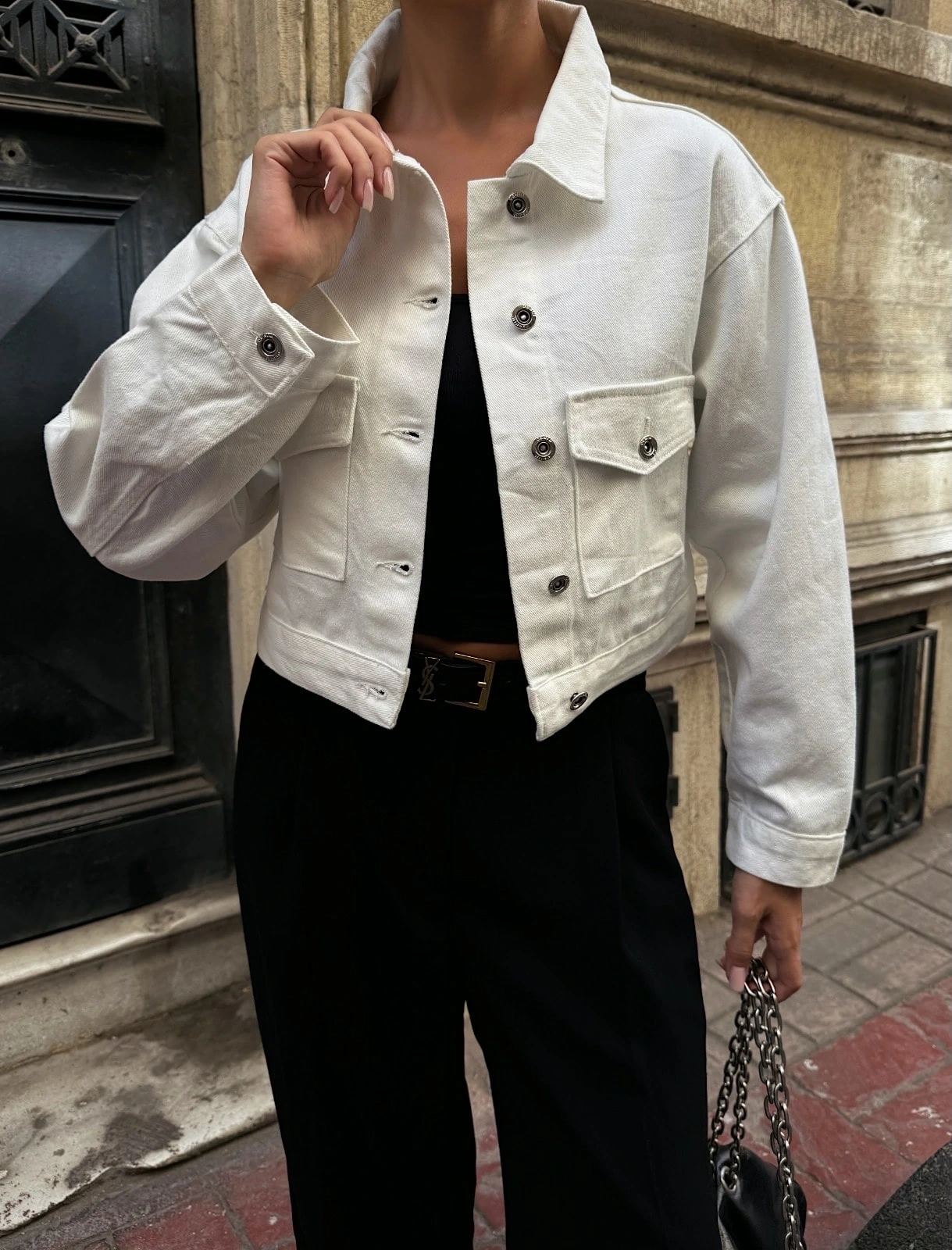 Pullaps Çift Cep Denim Crop Ceket Beyaz