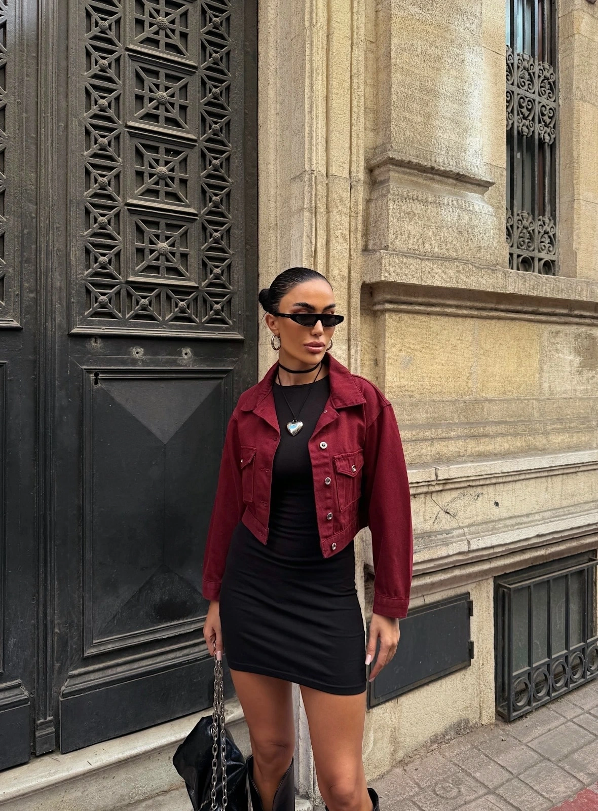 Pullaps Çift Cep Denim Crop Ceket Bordo