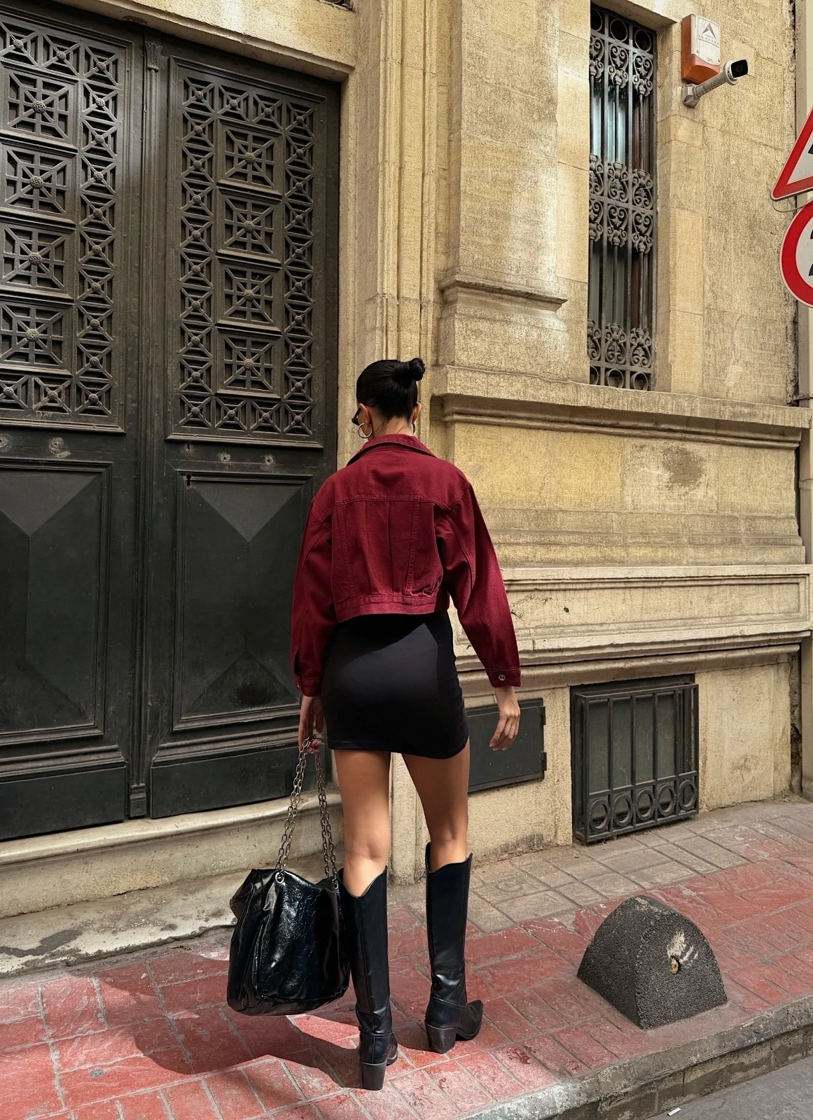 Pullaps Çift Cep Denim Crop Ceket Bordo