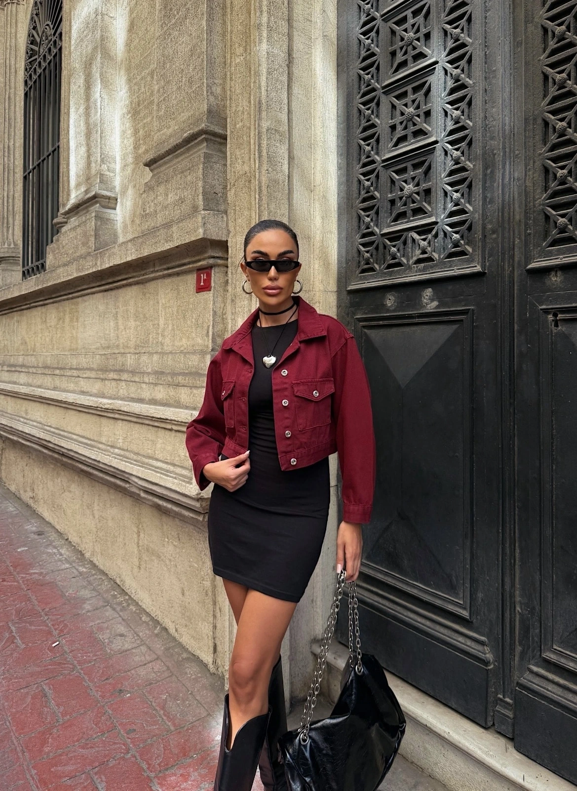 Pullaps Çift Cep Denim Crop Ceket Bordo